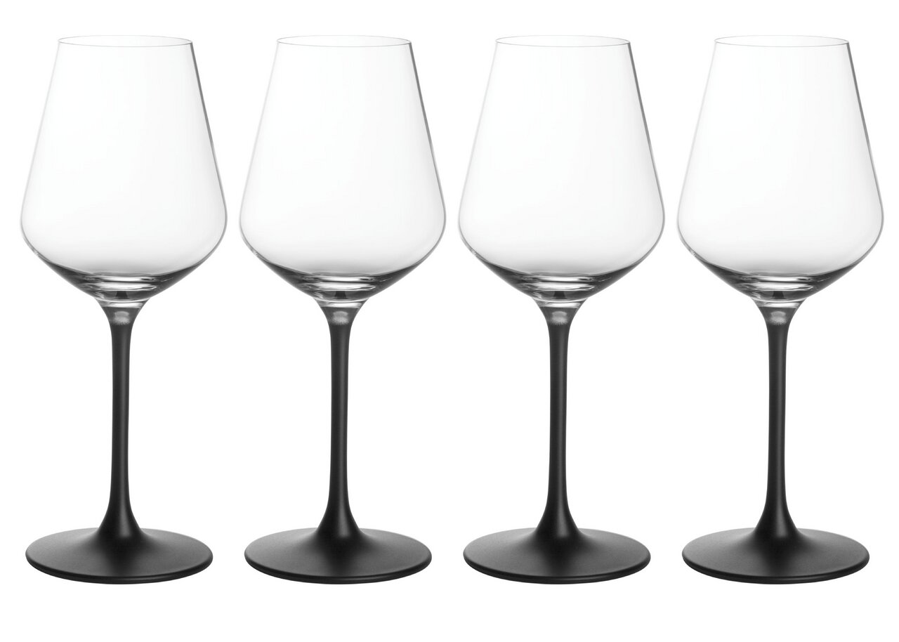 Villeroy & Boch Rotweinkelch-Set 4tlg. Manufacture Rock Glass Vier elegante Rotweingläser mit schwarzem Stiel, frontal fotografiert.
