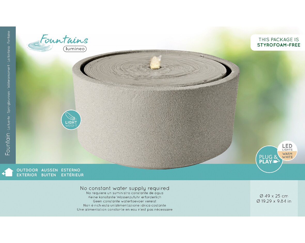Runder, grauer Brunnen mit LED-Beleuchtung, Plug & Play, für den Außenbereich, seitliche Perspektive