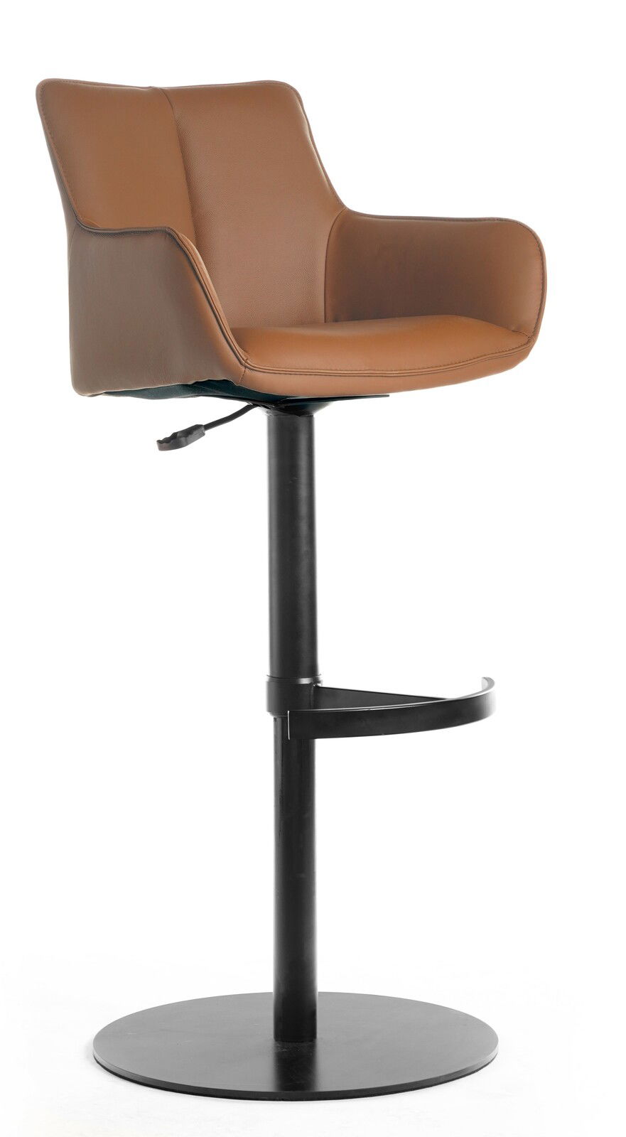 Moderner Barhocker mit braunem Sitz und schwarzem Metallgestell, seitliche Perspektive