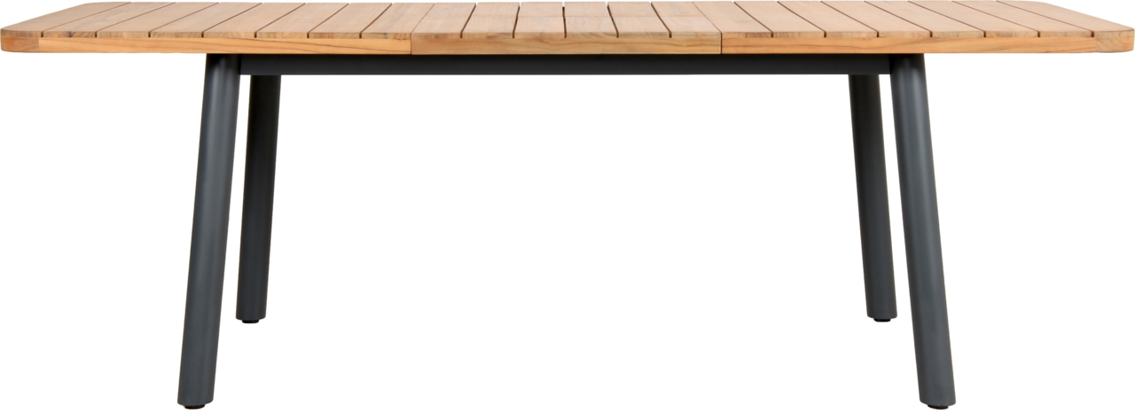 Gartenausziehtisch mit Holzplatte und Metallbeinen, seitliche Perspektive