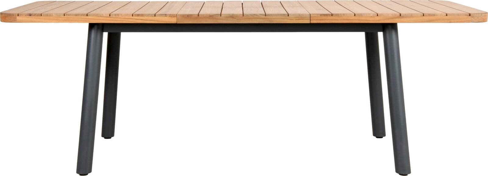 Gartenausziehtisch mit Holzplatte und Metallbeinen, seitliche Perspektive