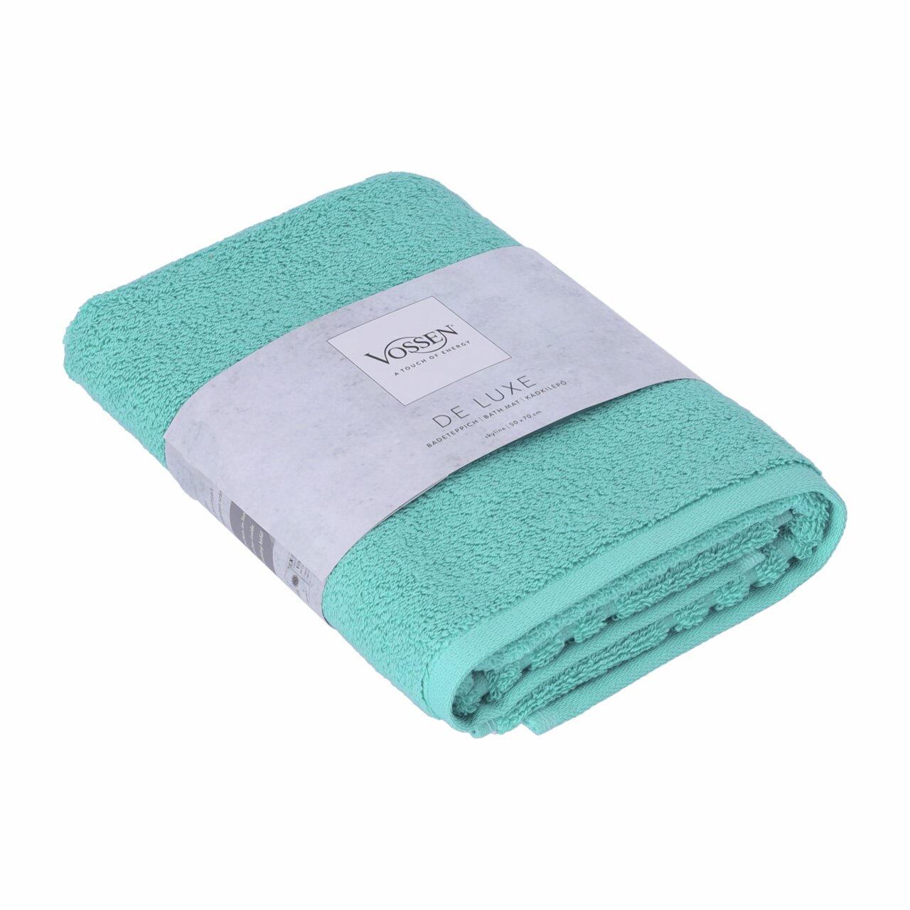 Vossen Badeteppich DE LUXE Gefaltetes türkisfarbenes Handtuch der Marke Vossen De Luxe, schräg von oben fotografiert.