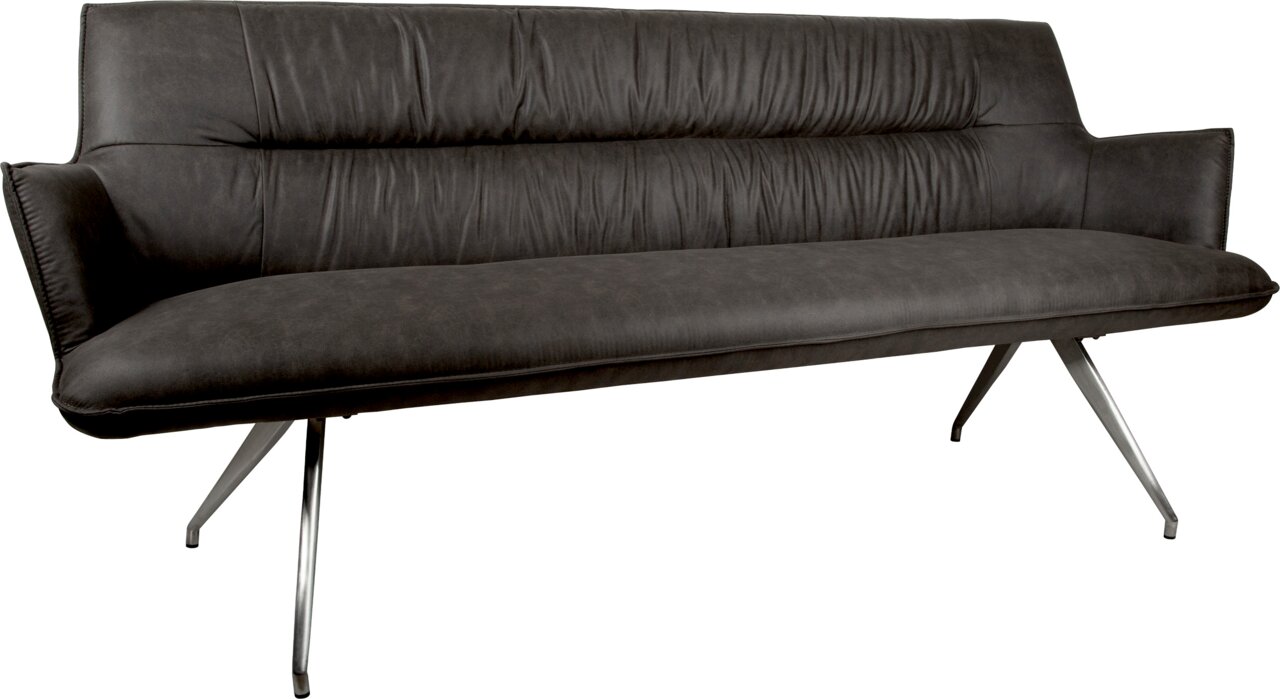 Dunkelgraues, gepolstertes 3-Sitzer-Sofa mit hoher Rückenlehne, Armlehnen und schrägen Metallbeinen, freigestellt auf weißem Hintergrund, Perspektive: frontale Ansicht leicht von links