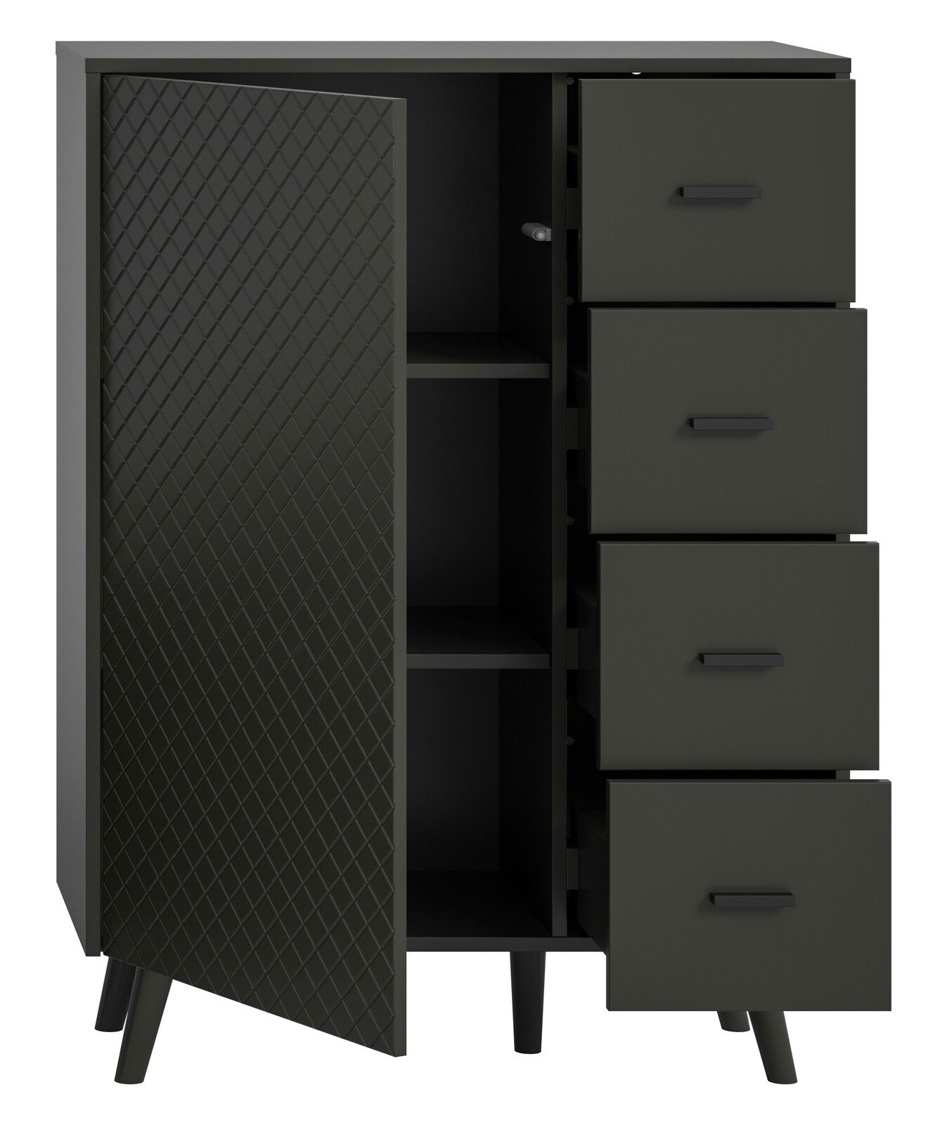 Schwarze Kommode mit vier Schubladen und einer offenen Tür, die diagonale Rautenstruktur zeigt, Perspektive von vorne.