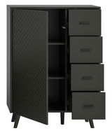 Schwarze Kommode mit vier Schubladen und einer offenen Tür, die diagonale Rautenstruktur zeigt, Perspektive von vorne.