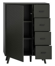 Schwarze Kommode mit vier Schubladen und einer offenen Tür, die diagonale Rautenstruktur zeigt, Perspektive von vorne.