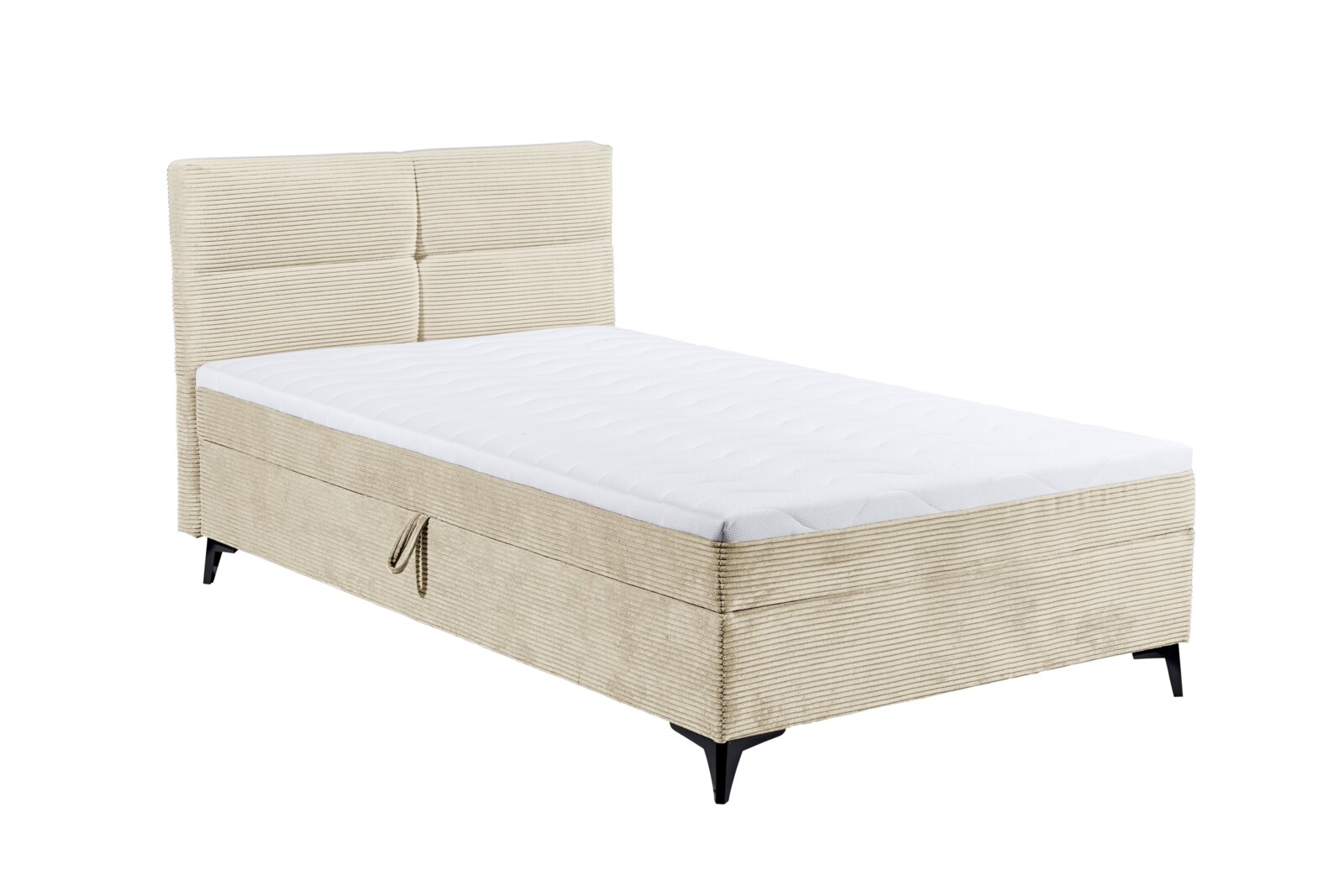 Beiges Boxbett mit gestepptem Kopfteil und schwarzem Metallfuß, seitliche Perspektive