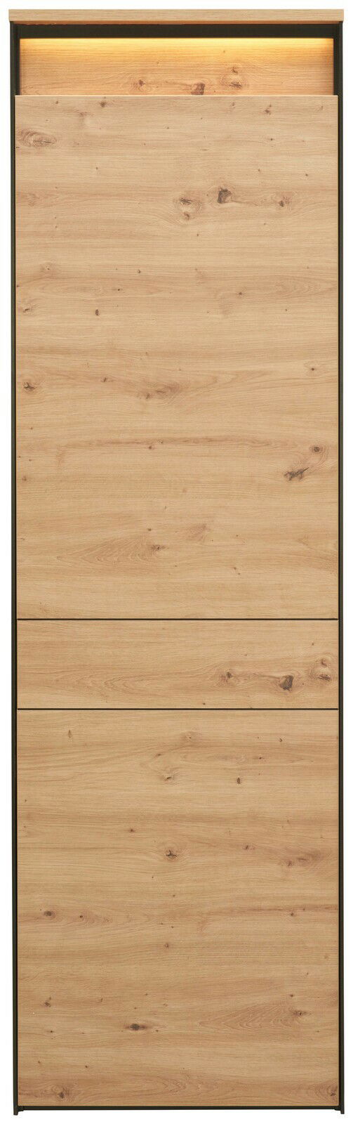 Frontansicht eines modernen Garderobenschranks mit Holzoptik und integrierter Beleuchtung.