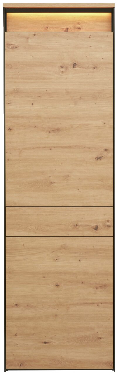 Frontansicht eines modernen Garderobenschranks mit Holzoptik und integrierter Beleuchtung.