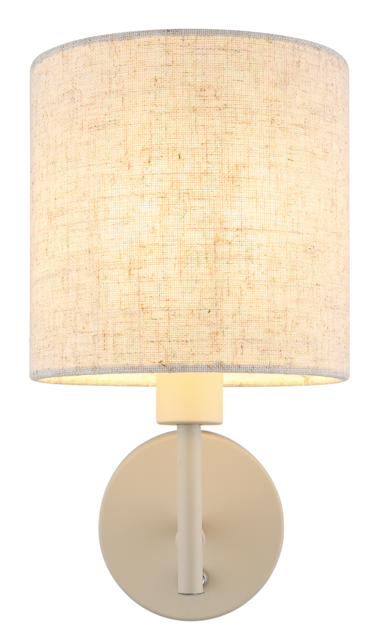 Frontale Ansicht einer Wandleuchte mit rundem, beigem Stoffschirm und schlichtem, modernem Design.