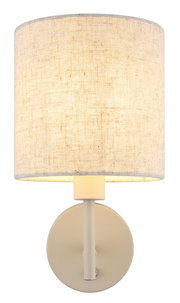 Frontale Ansicht einer Wandleuchte mit rundem, beigem Stoffschirm und schlichtem, modernem Design.