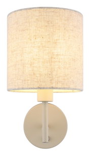 Frontale Ansicht einer Wandleuchte mit rundem, beigem Stoffschirm und schlichtem, modernem Design.