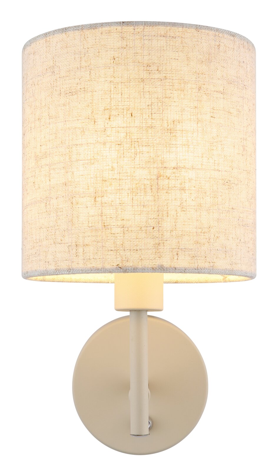 Vooraanzicht van een wandlamp met een ronde, beige stoffen kap en een strak, modern ontwerp.