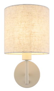 Frontale Ansicht einer Wandleuchte mit rundem, beigem Stoffschirm und schlichtem, modernem Design.