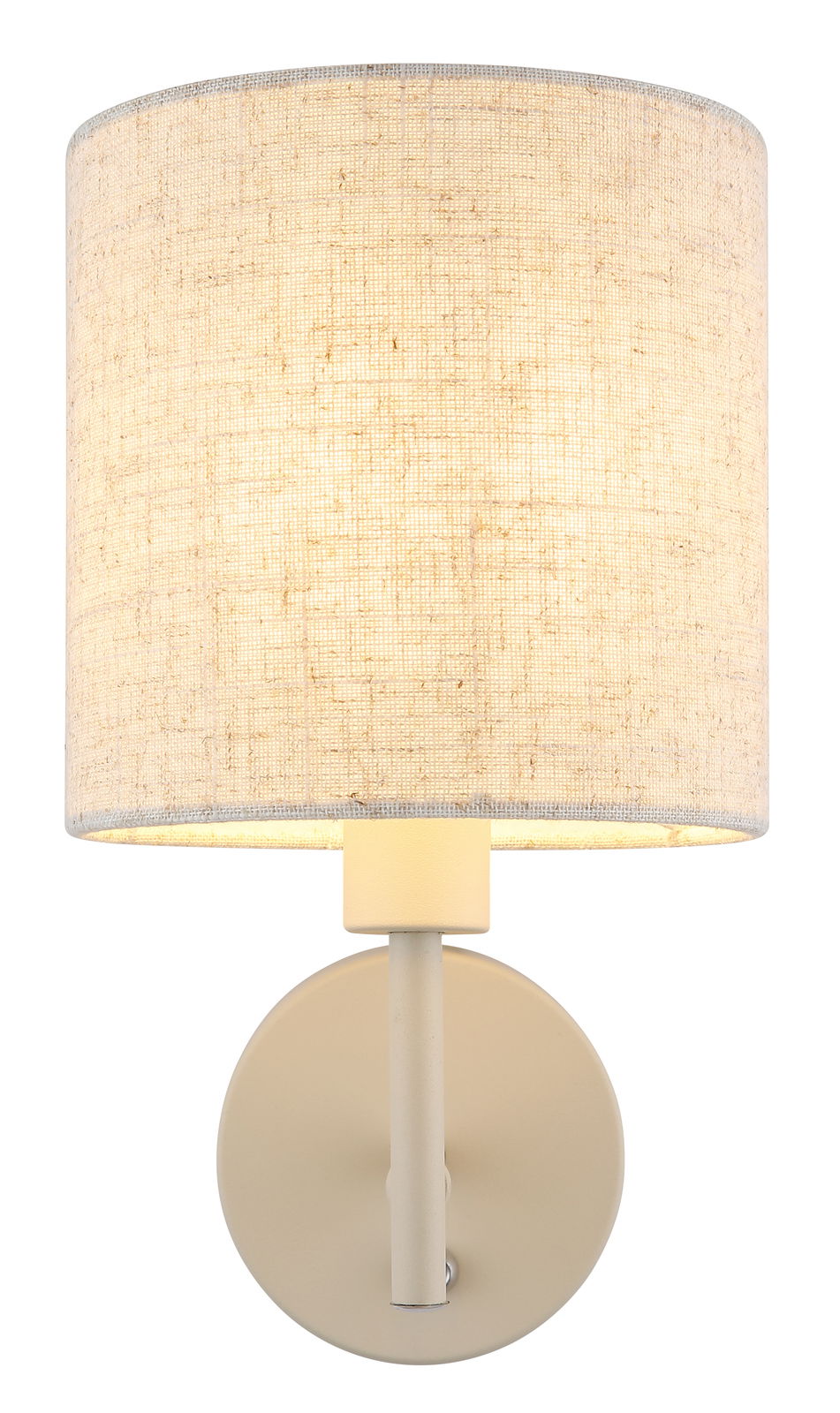 Frontale Ansicht einer Wandleuchte mit rundem, beigem Stoffschirm und schlichtem, modernem Design.