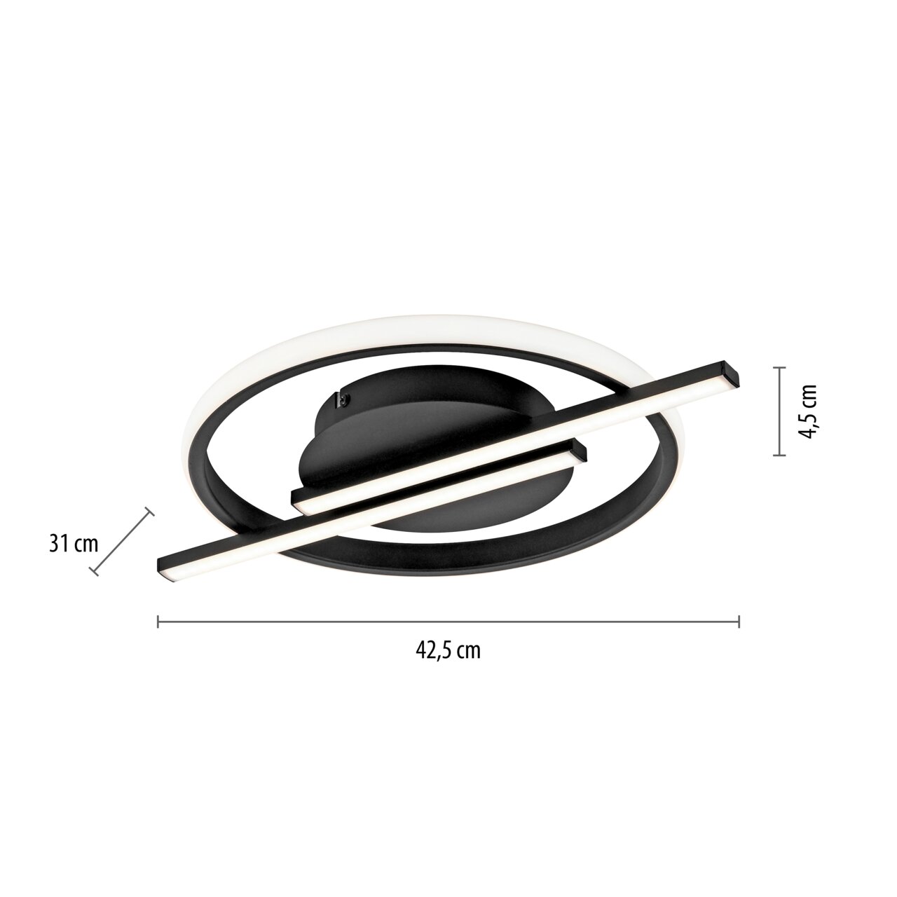 Moderne LED-Deckenleuchte in Schwarz und Weiß mit kreisförmigem und linearem Design, seitliche Perspektive