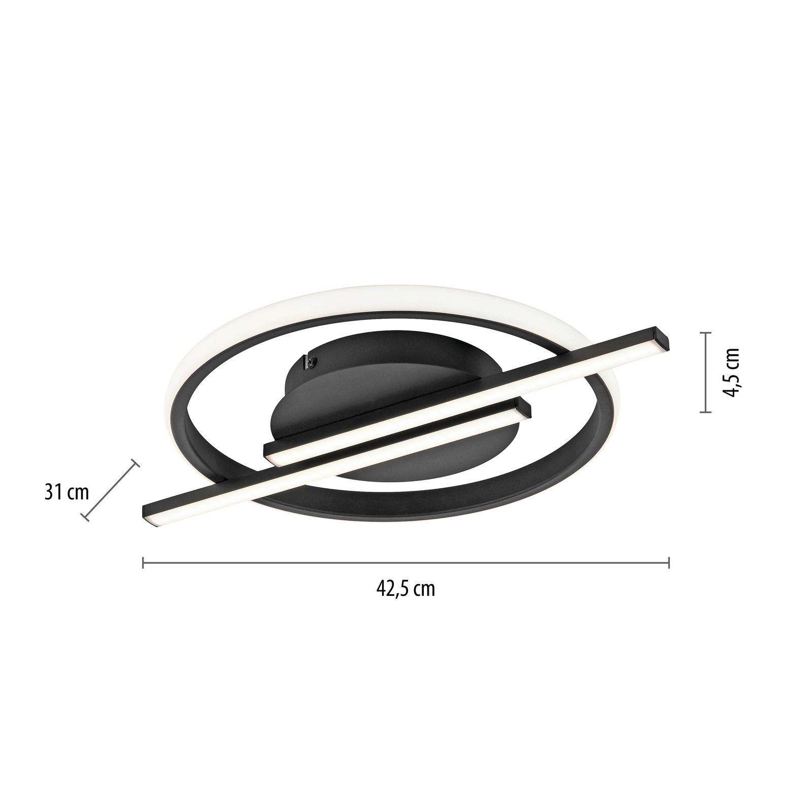 Moderne LED-Deckenleuchte in Schwarz und Weiß mit kreisförmigem und linearem Design, seitliche Perspektive