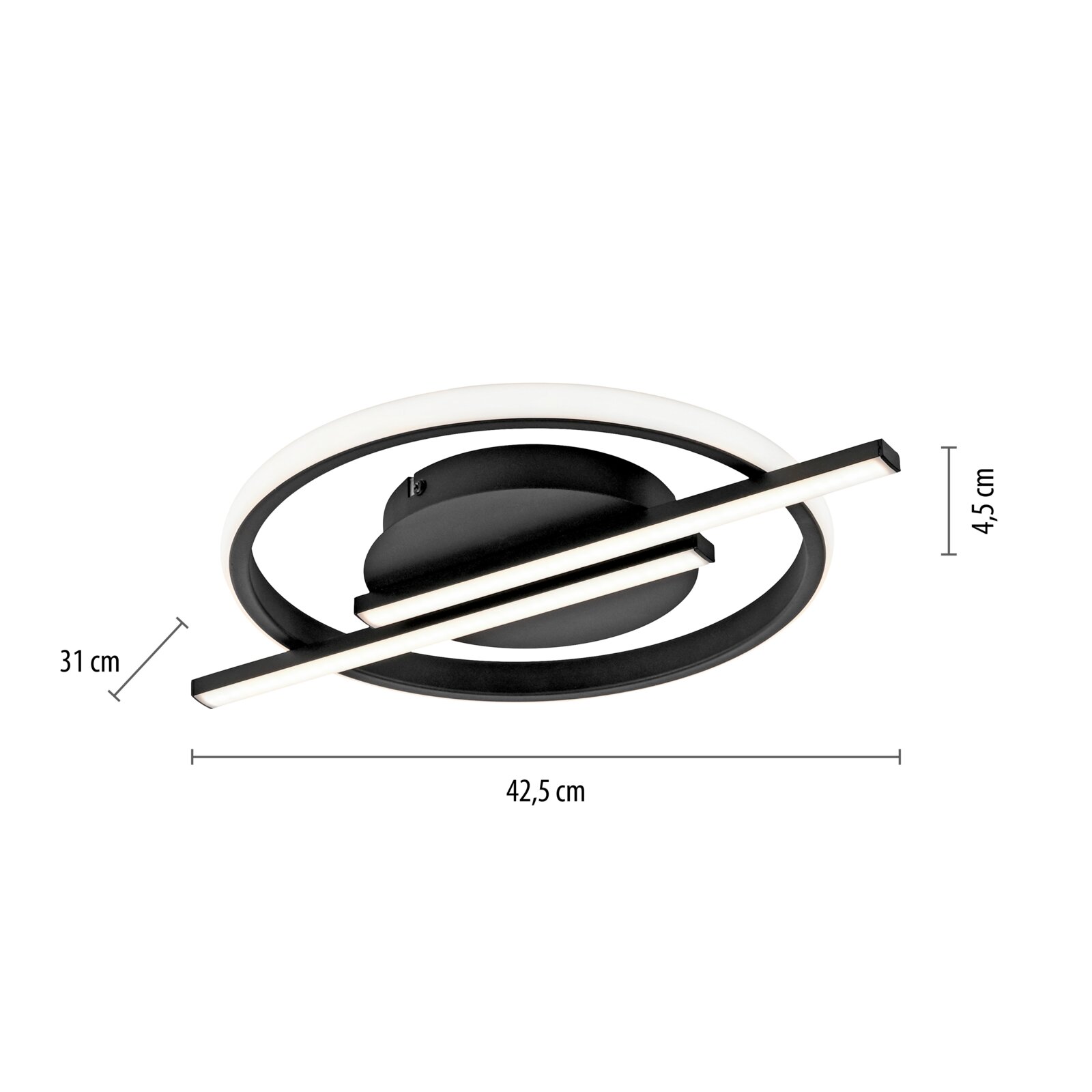Moderne LED-Deckenleuchte in Schwarz und Weiß mit kreisförmigem und linearem Design, seitliche Perspektive
