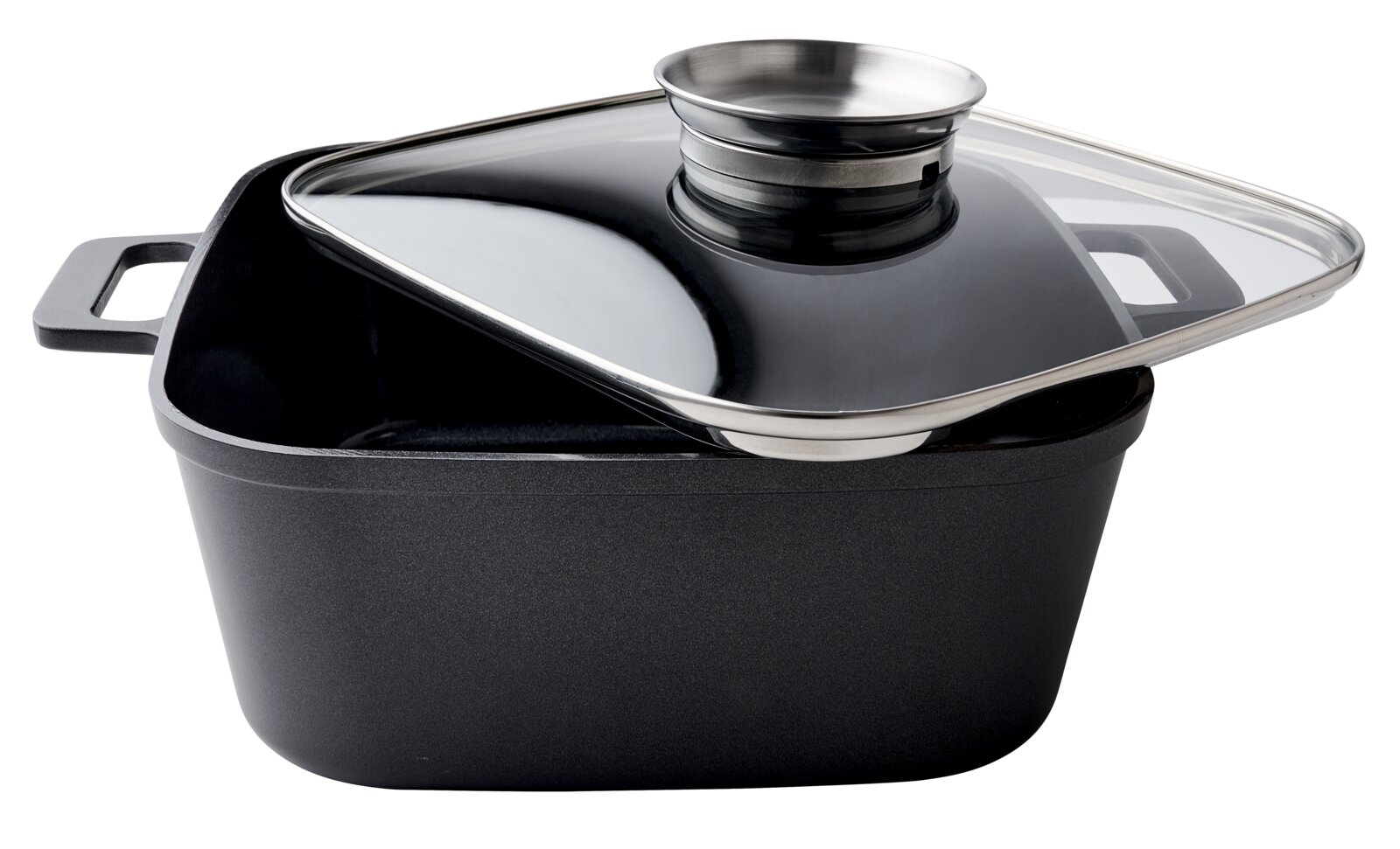 Vierkante braadpan van gegoten aluminium met glazen deksel, zijaanzicht