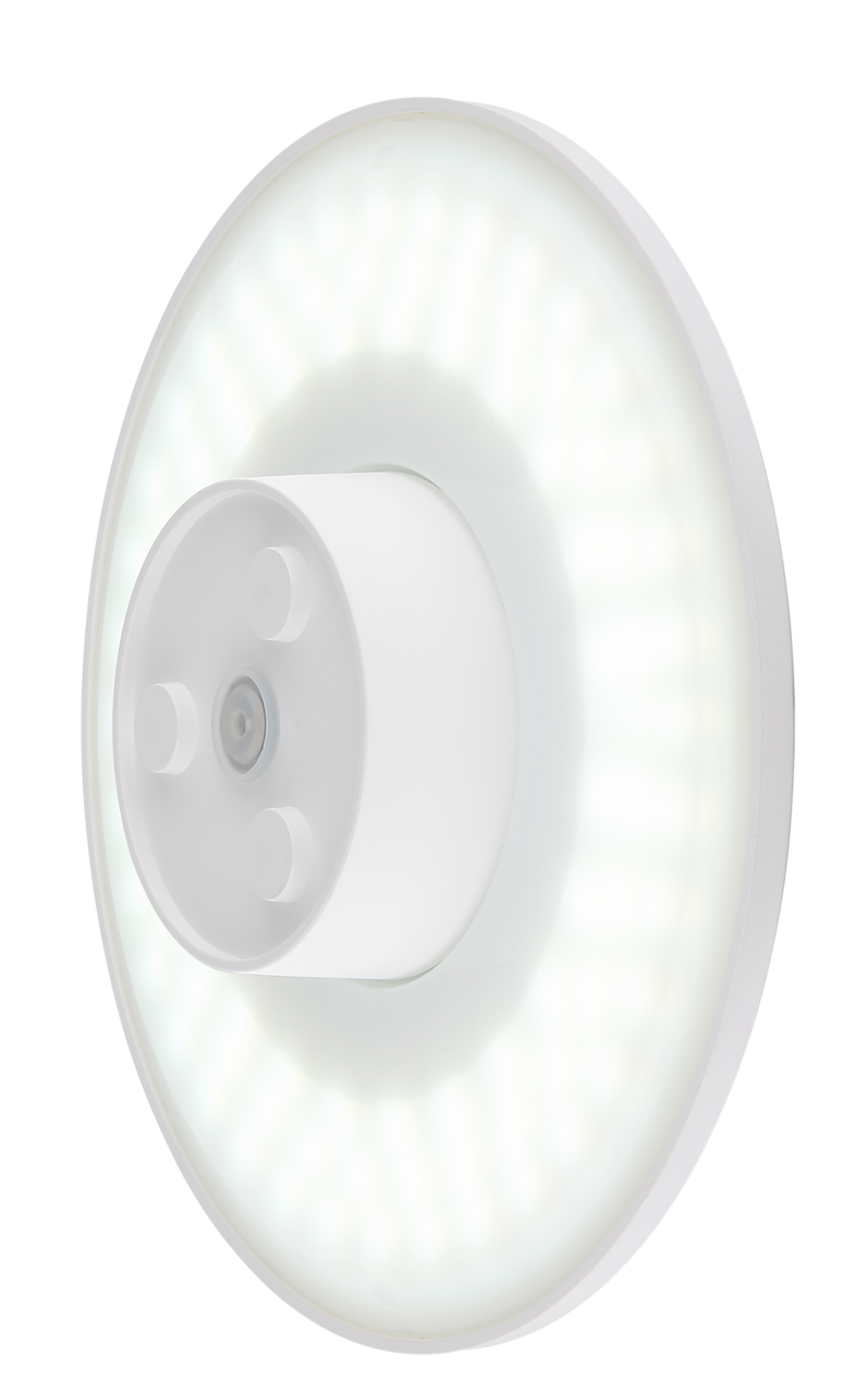 Runde LED-Außenwandleuchte in Weiß, seitliche Perspektive