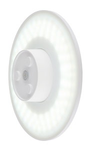 Runde LED-Außenwandleuchte in Weiß, seitliche Perspektive