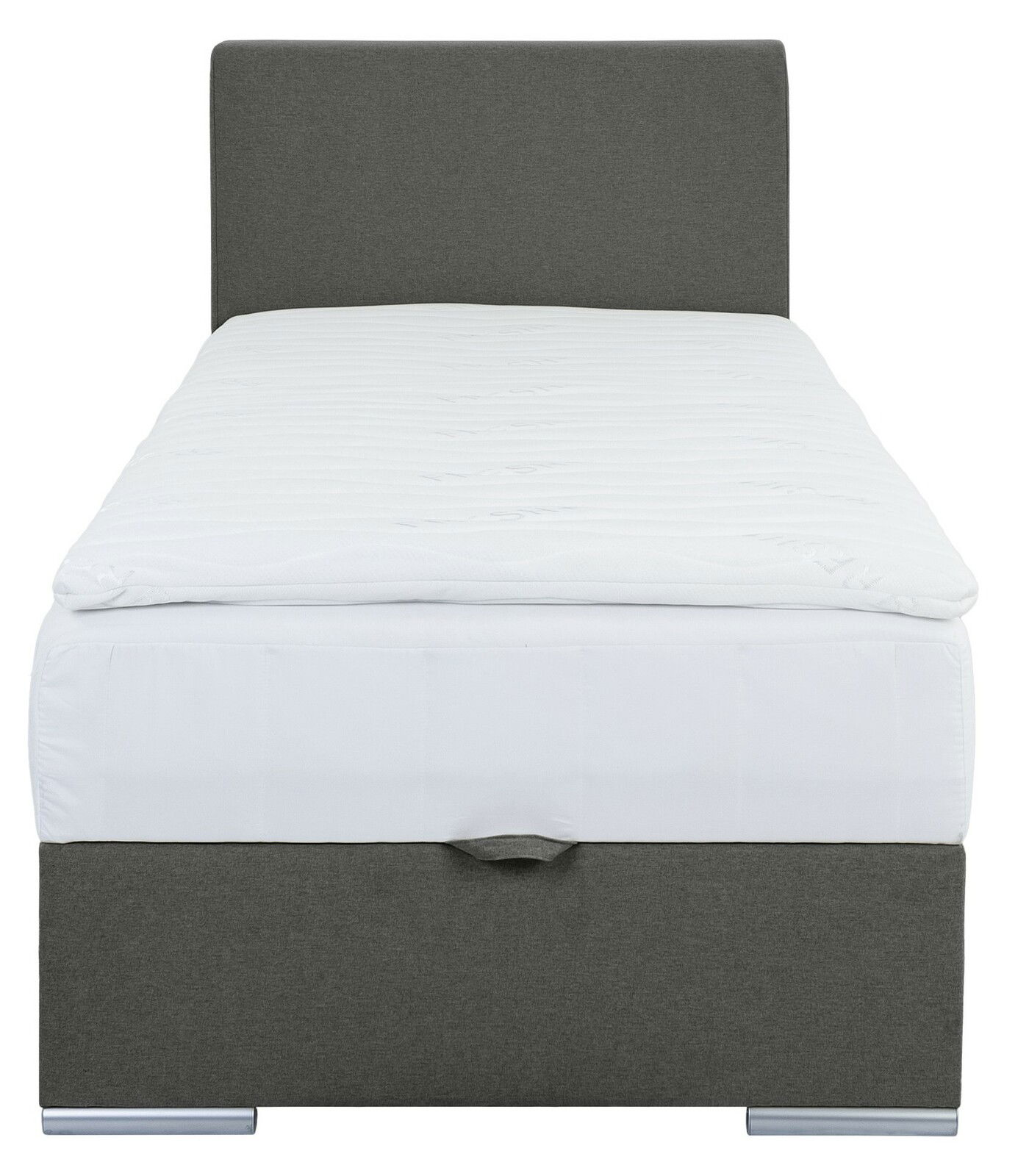 Frontansicht eines grauen Boxbetts mit weißer Matratze, schlichtes Design.