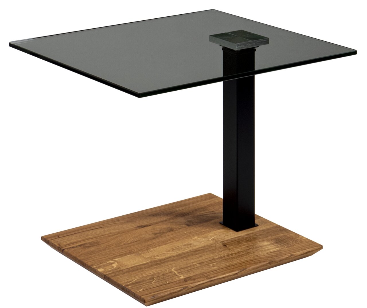 Moderner Beistelltisch mit Glasplatte und Holzfuß, seitliche Perspektive