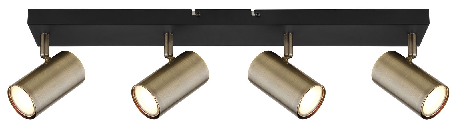 Vierflammiger Strahler in Altmessing-Optik, montiert auf einer schwarzen Schiene, seitliche Perspektive