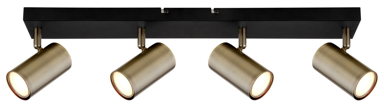 Vierflammiger Strahler in Altmessing-Optik, montiert auf einer schwarzen Schiene, seitliche Perspektive