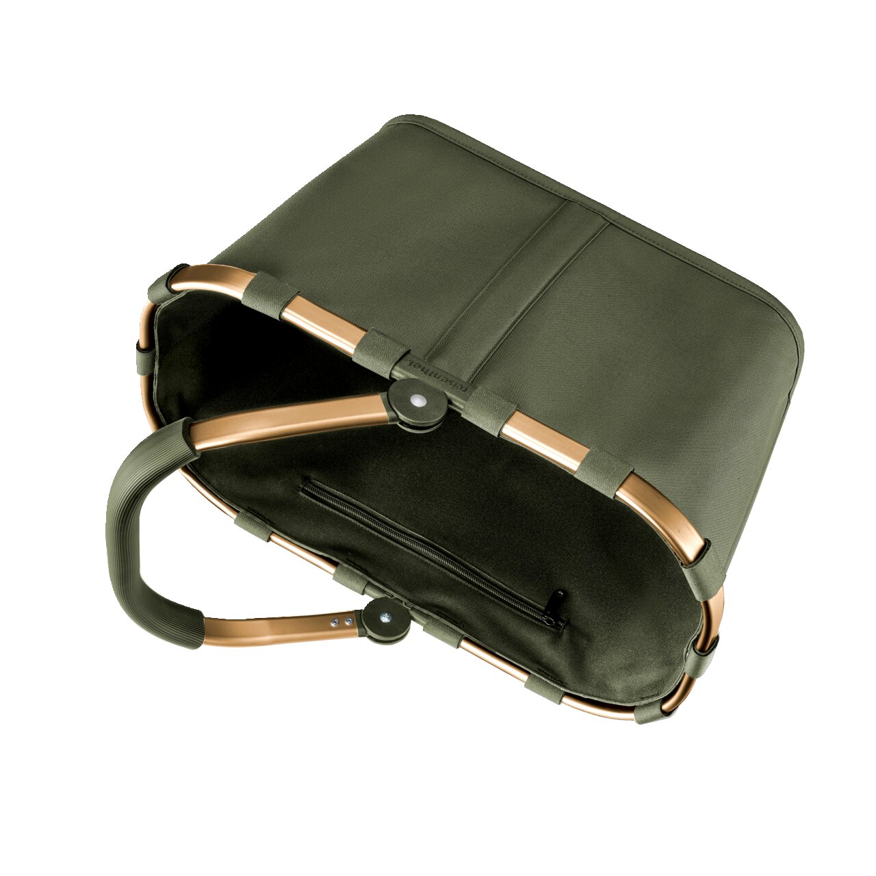 Grüne Einkaufstasche mit stabilen Griffen und Reißverschluss, von oben betrachtet.