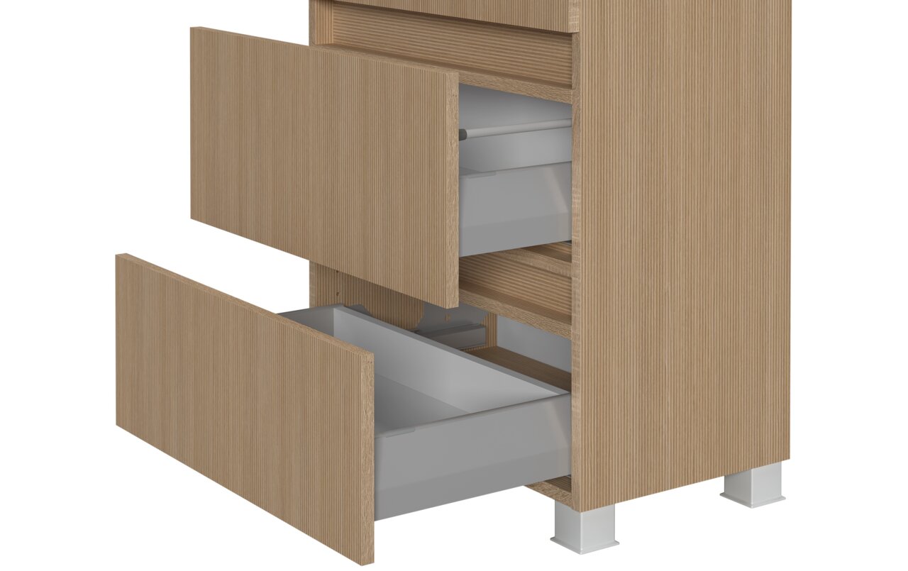 Midischrank 60 cm mit geöffneter Schublade, seitliche Perspektive