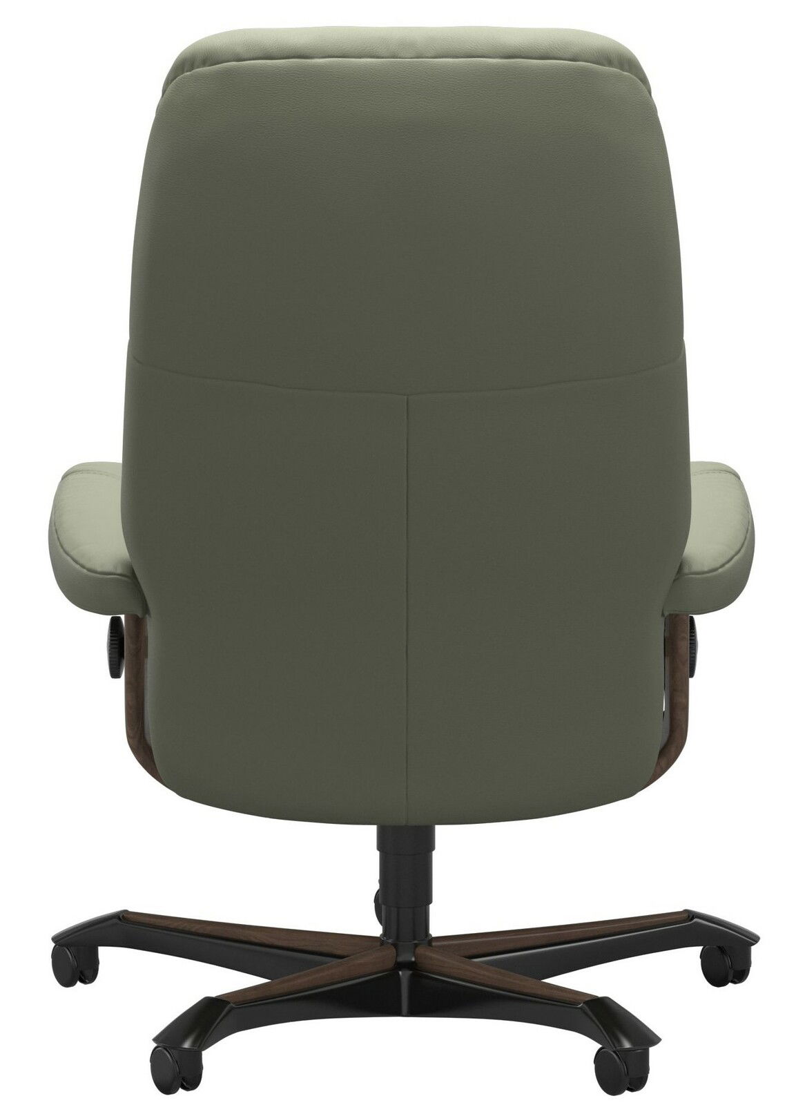 Rückansicht eines grünen Chefsessels mit Rollen und Holzdetails.