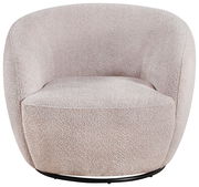 Beiger, moderner Sessel JUSTINE mit runder Form, aus Frontalperspektive.