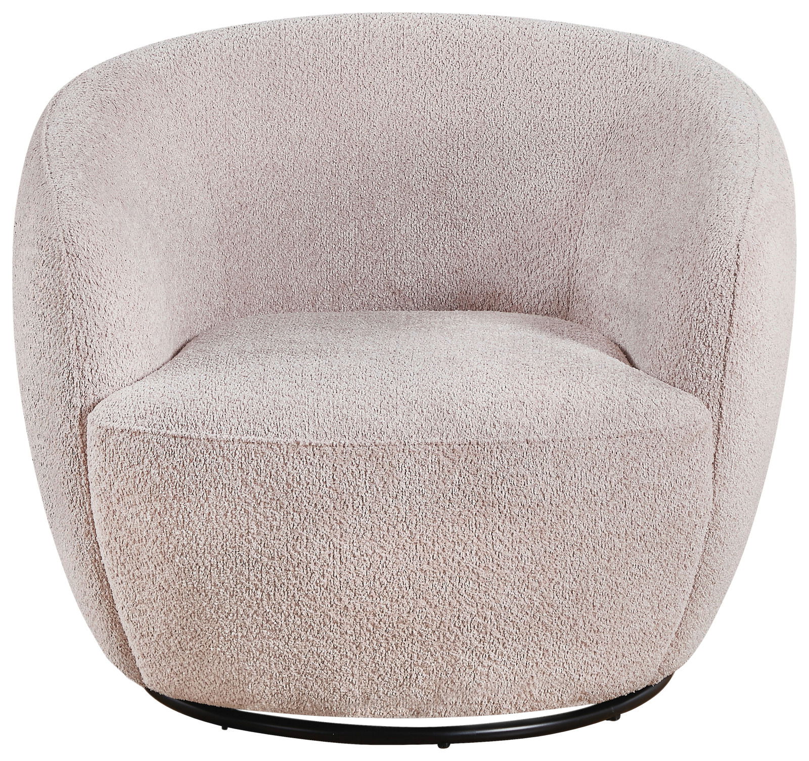 Beiger, moderner Sessel JUSTINE mit runder Form, aus Frontalperspektive.