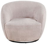 Beiger, moderner Sessel JUSTINE mit runder Form, aus Frontalperspektive.