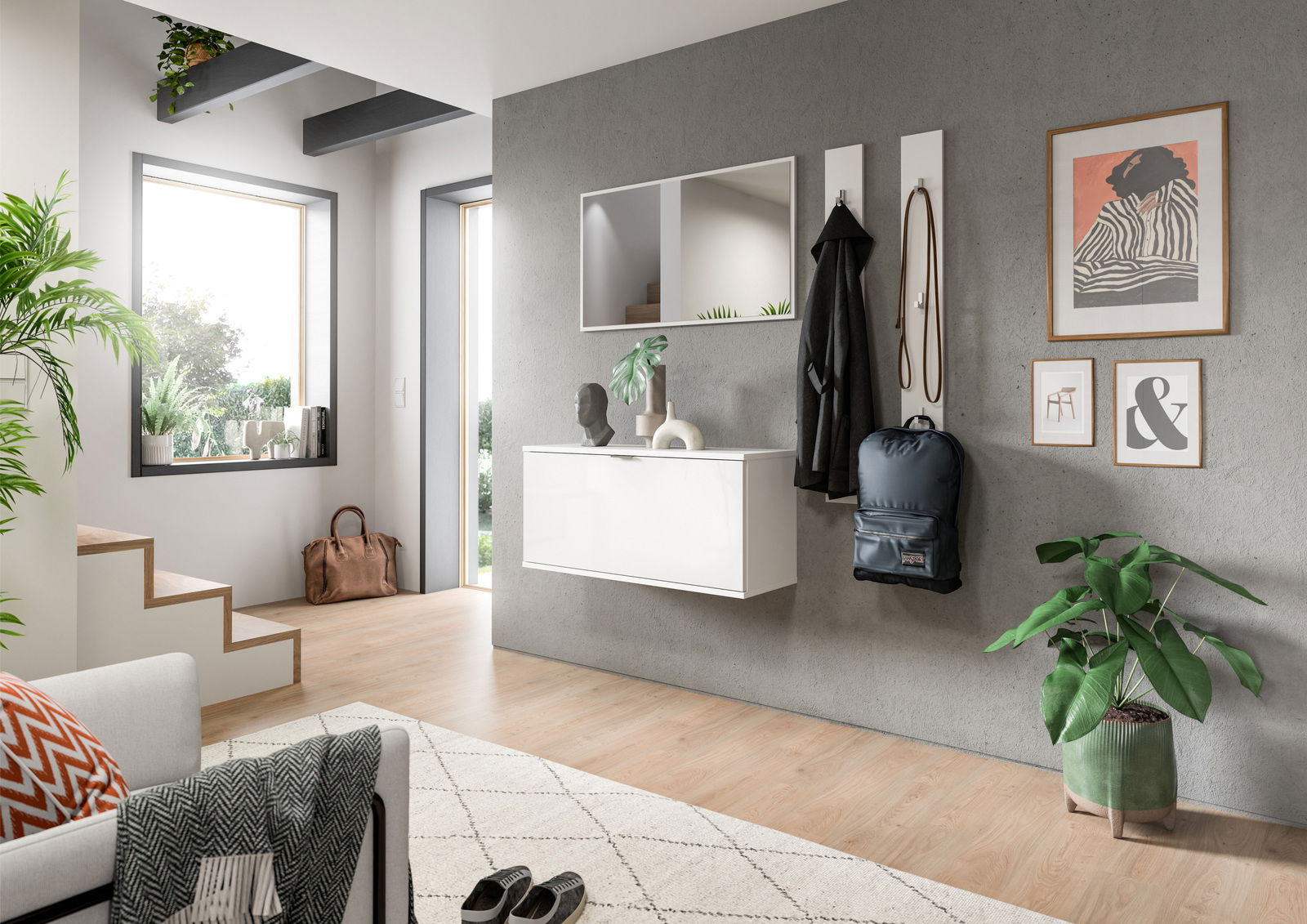 MID.YOU Sitzbank/Kommode PROJEKT X Moderne Sitzbank oder Kommode in einem stilvollen Flur, seitliche Perspektive, mit Dekorationen und Pflanzen.