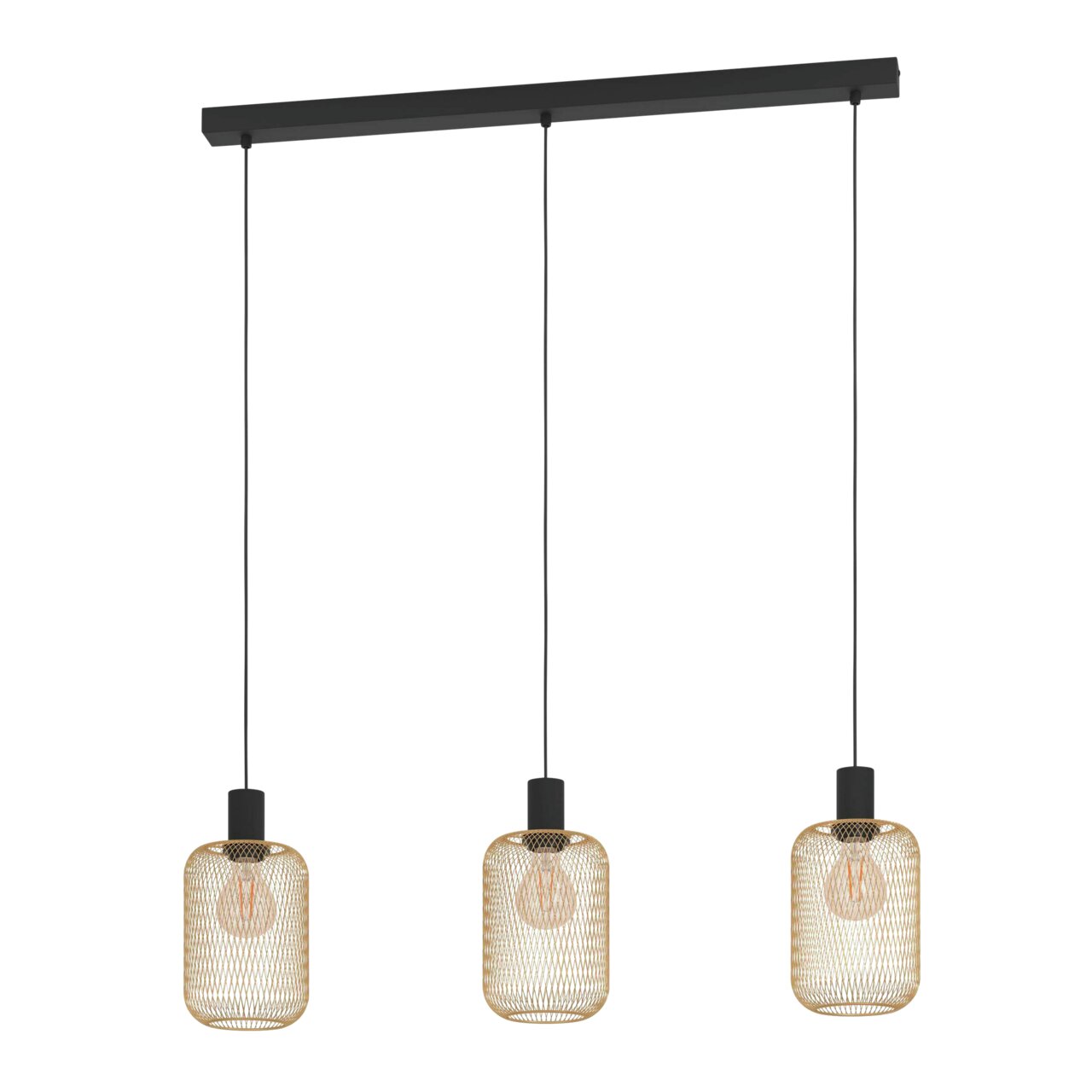 Dreifache Hängeleuchte mit schwarzen Kabeln und goldenen, zylindrischen Lampenschirmen aus Drahtgeflecht, frontal betrachtet.