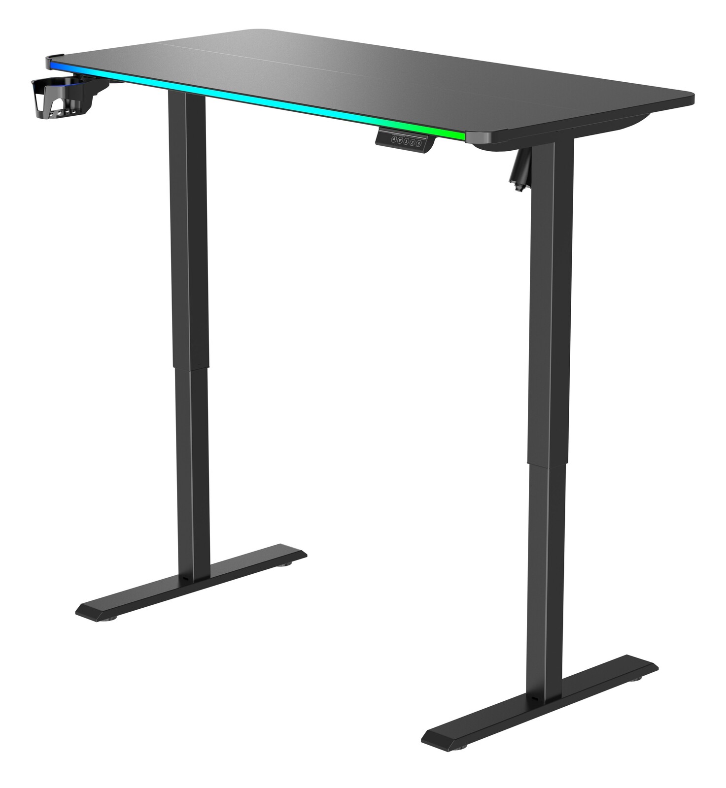 Moderner E-Gaming Tisch mit höhenverstellbaren Beinen und LED-Beleuchtung, seitliche Perspektive