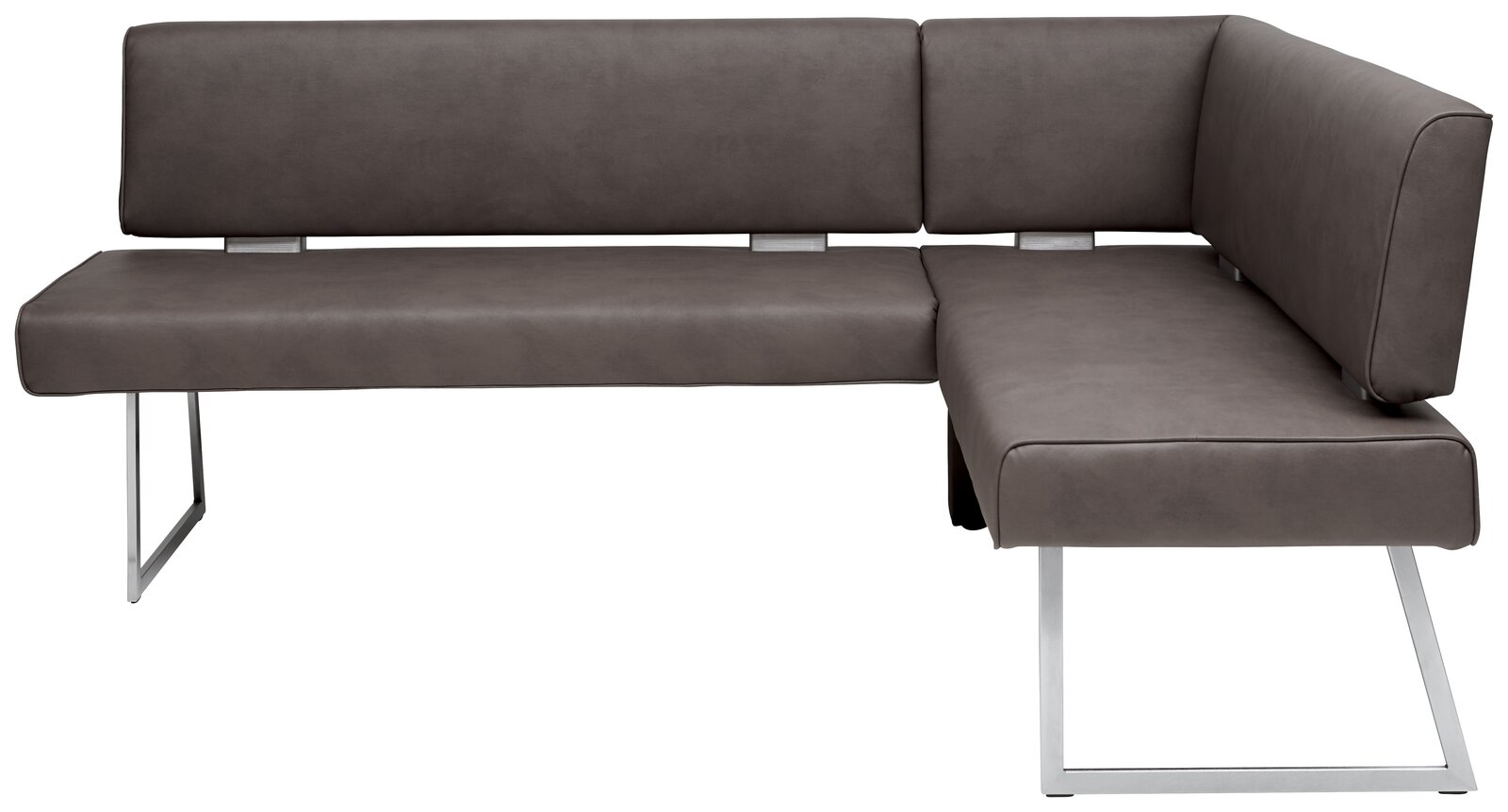 Moderne Eckbank in dunklem Leder mit Metallbeinen, seitliche Perspektive
