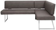 Moderne Eckbank in dunklem Leder mit Metallbeinen, seitliche Perspektive