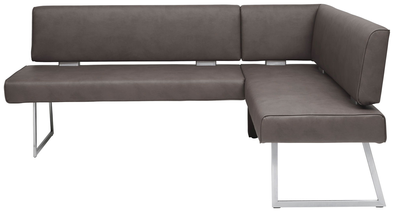 Moderne Eckbank in dunklem Leder mit Metallbeinen, seitliche Perspektive