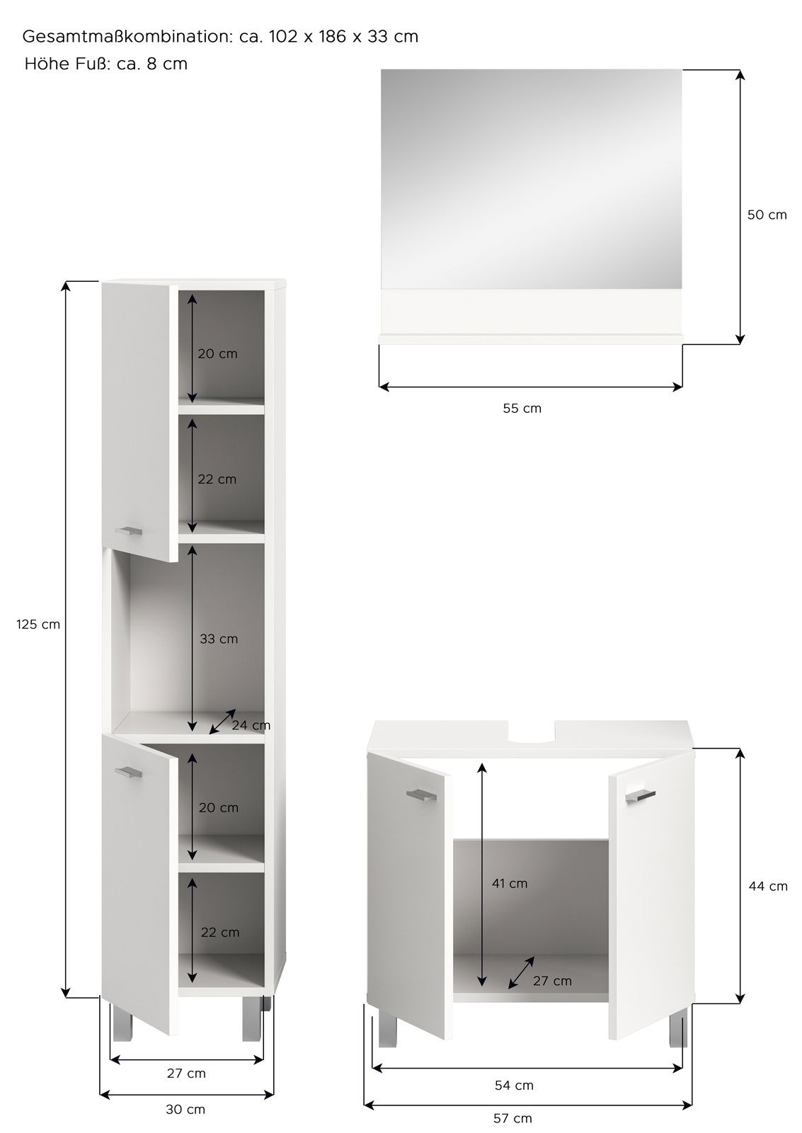 Badkombination BOSTON bestehend aus einem hohen Schrank mit mehreren Fächern und einem Waschbeckenunterschrank, beide in Weiß mit silbernen Griffen, aus der Frontalperspektive.