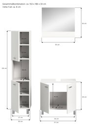 Badkombination BOSTON bestehend aus einem hohen Schrank mit mehreren Fächern und einem Waschbeckenunterschrank, beide in Weiß mit silbernen Griffen, aus der Frontalperspektive.