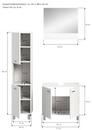 Badkombination BOSTON bestehend aus einem hohen Schrank mit mehreren Fächern und einem Waschbeckenunterschrank, beide in Weiß mit silbernen Griffen, aus der Frontalperspektive.