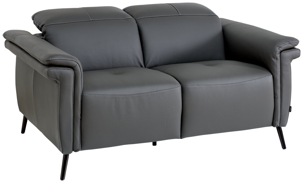 Graues 2-Sitzer-Sofa aus Leder mit schwarzen Beinen, seitliche Perspektive