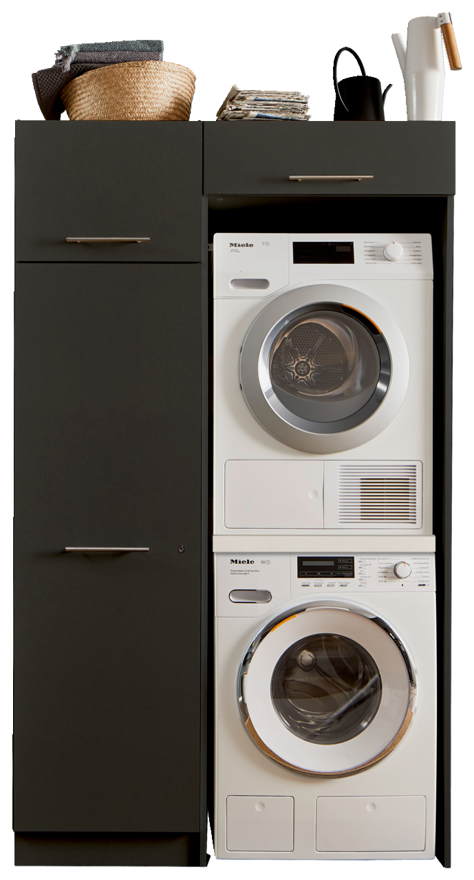 Hauswirtschaftsraum-Kombi mit Waschmaschine und Trockner, frontal betrachtet, mit Stauraum und Dekoration oben.