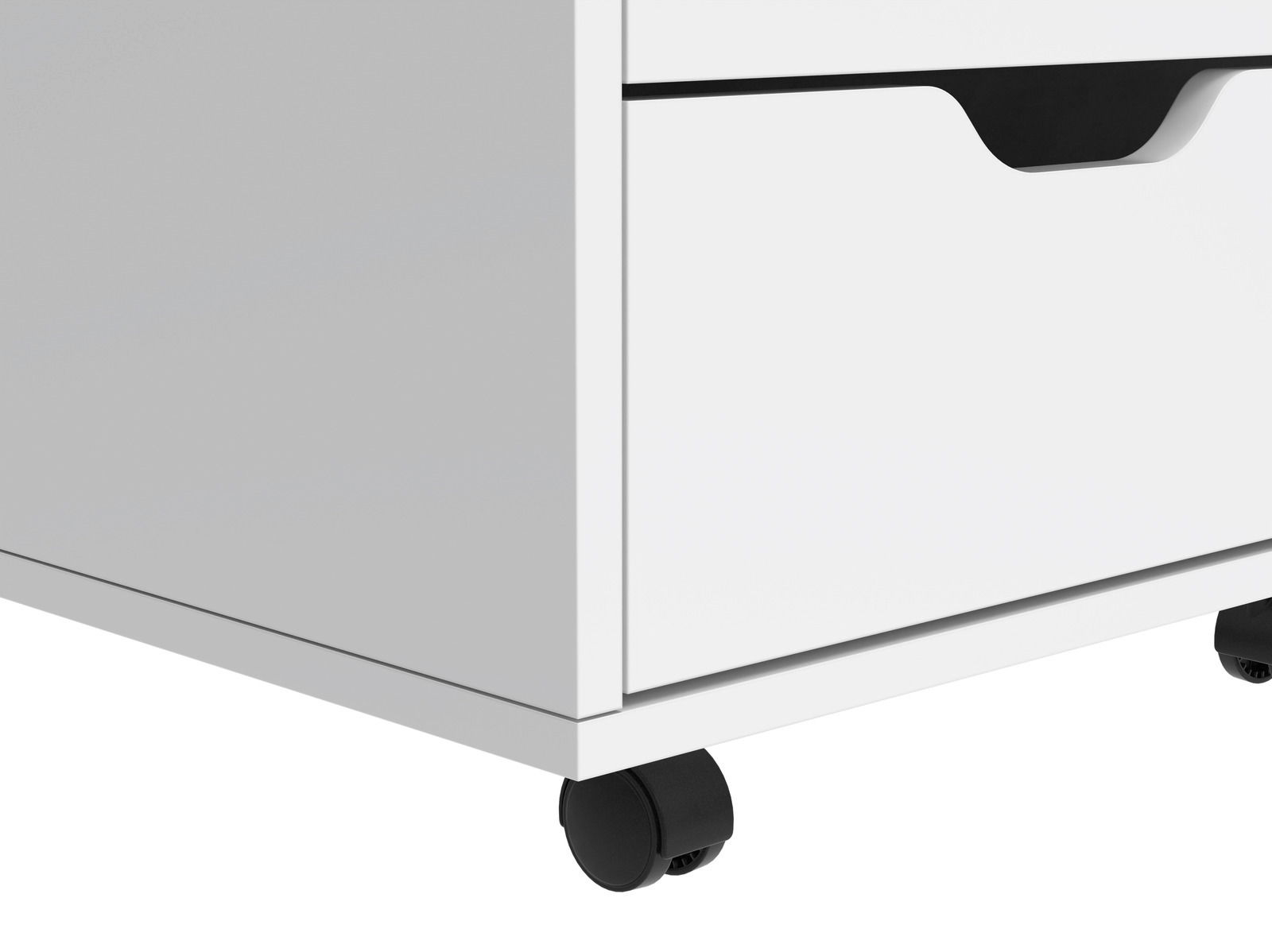 Weißer Rollcontainer mit zwei Schubladen und schwarzen Griffen, seitliche Perspektive, auf Rollen.