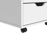 Weißer Rollcontainer mit zwei Schubladen und schwarzen Griffen, seitliche Perspektive, auf Rollen.