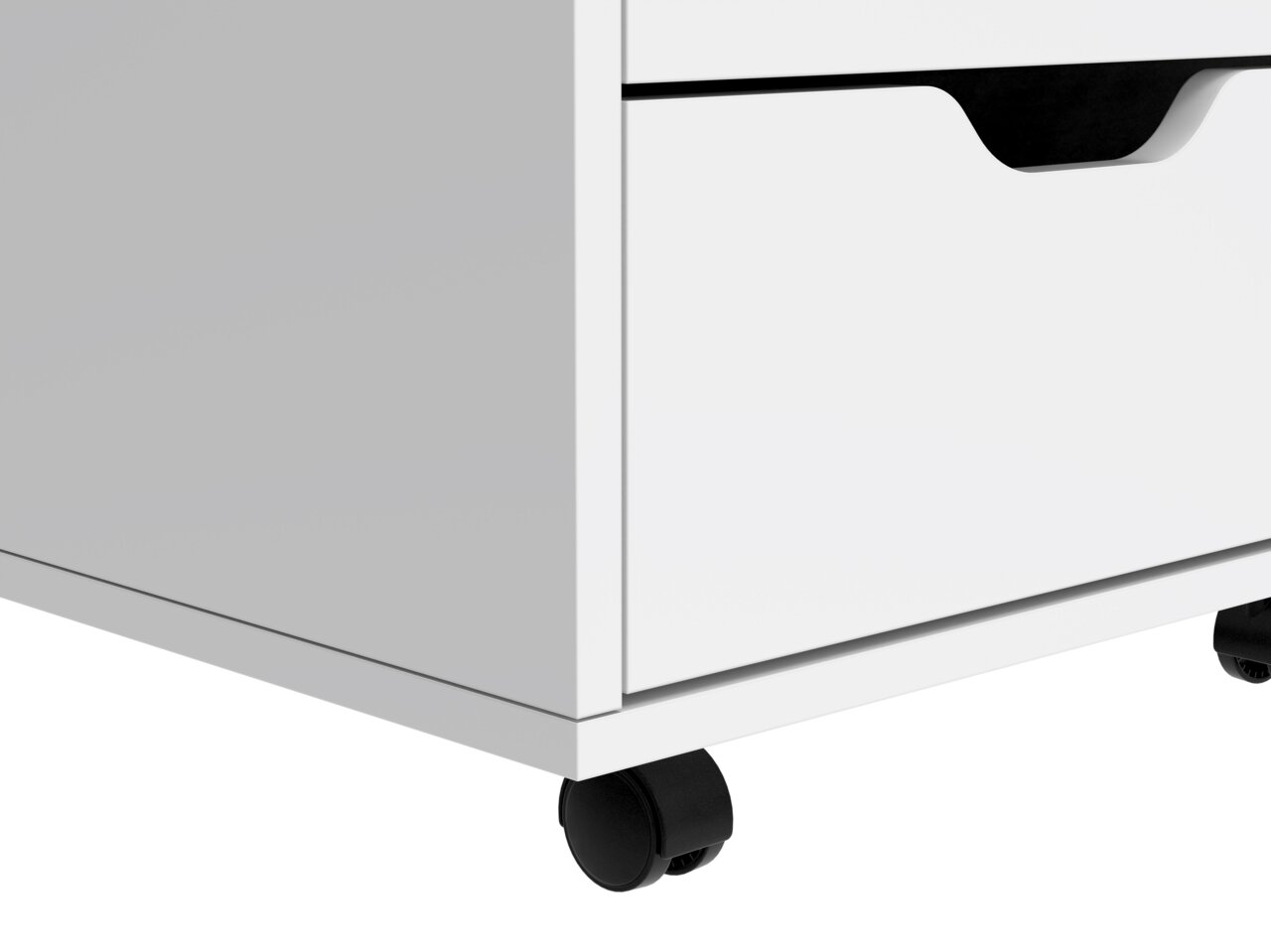 Weißer Rollcontainer mit zwei Schubladen und schwarzen Griffen, seitliche Perspektive, auf Rollen.