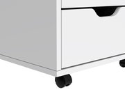 Weißer Rollcontainer mit zwei Schubladen und schwarzen Griffen, seitliche Perspektive, auf Rollen.